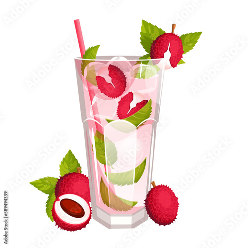 Mojito with lychee.Refreshing alcoholic cocktail with lychee fruits, mint, ice.Vector illustration.