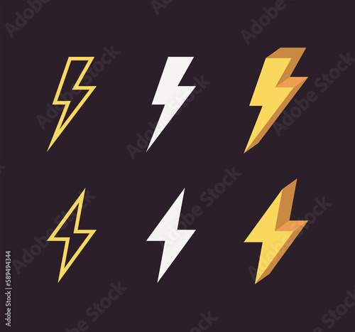 Lightning and different style isolated voltage symbol on black background flat illustration.  