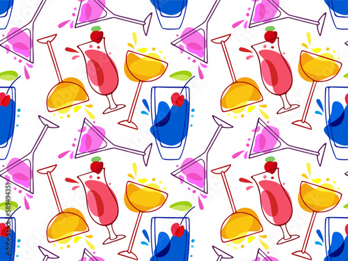 Seamless cocktails Pattern. Tasty alcoholic cocktails. Various colored drinks. Bright Mixed drinks. Repeated linear sketch vector illustration for wallpaper, textile, wrapping, scrapbooking.