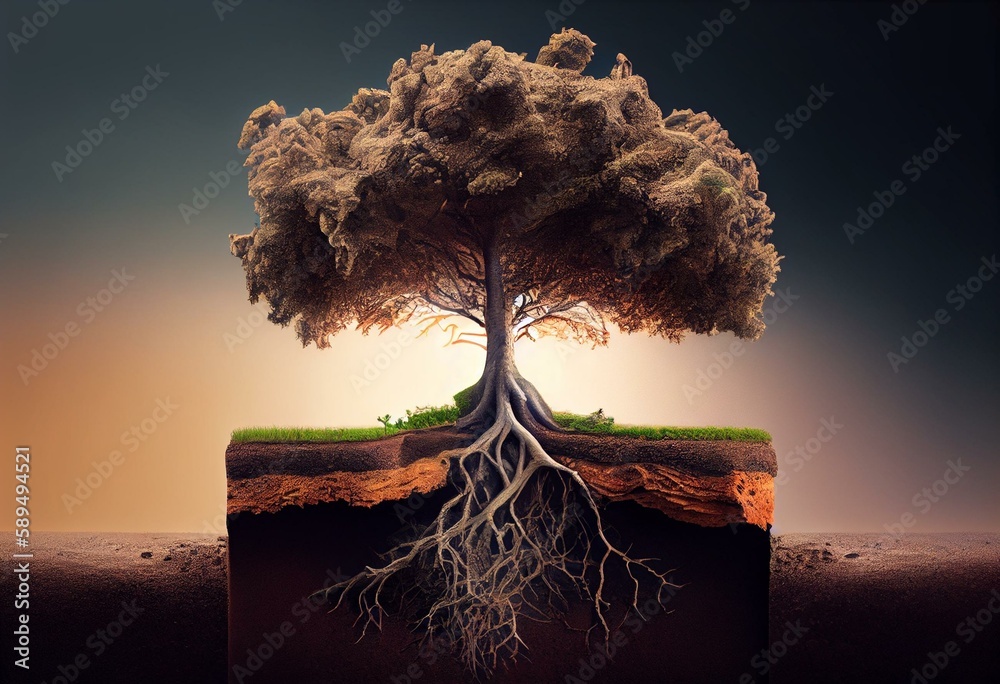 Root system of a tree growing deep through layers of soil and rock
