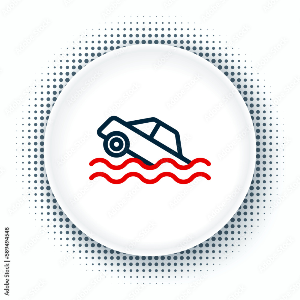 Line Flood car icon isolated on white background. Insurance concept. Flood disaster concept. Security, safety, protection, protect concept. Colorful outline concept. Vector Line Flood car icon isolated on white background. Insurance concept. Flood disaster concept. Security, safety, protection, protect concept. Colorful outline concept. Vector