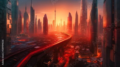 An inspiring image of a future city skyline, displaying revolutionary architecture and a dazzling array of colors