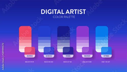 Color palette in Digital Artist colour theme collections. Color inspiration or colour chart with codes template. Color combination set of RGB. Colors swatch for graphic design, art, fashion or website