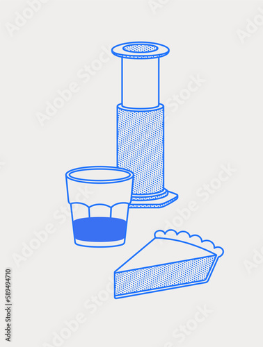Aeropress, a glass of coffee, a cake. Coffee time composition. Line art, retro. Vector illustration for coffee shops, cafes, and restaurants.