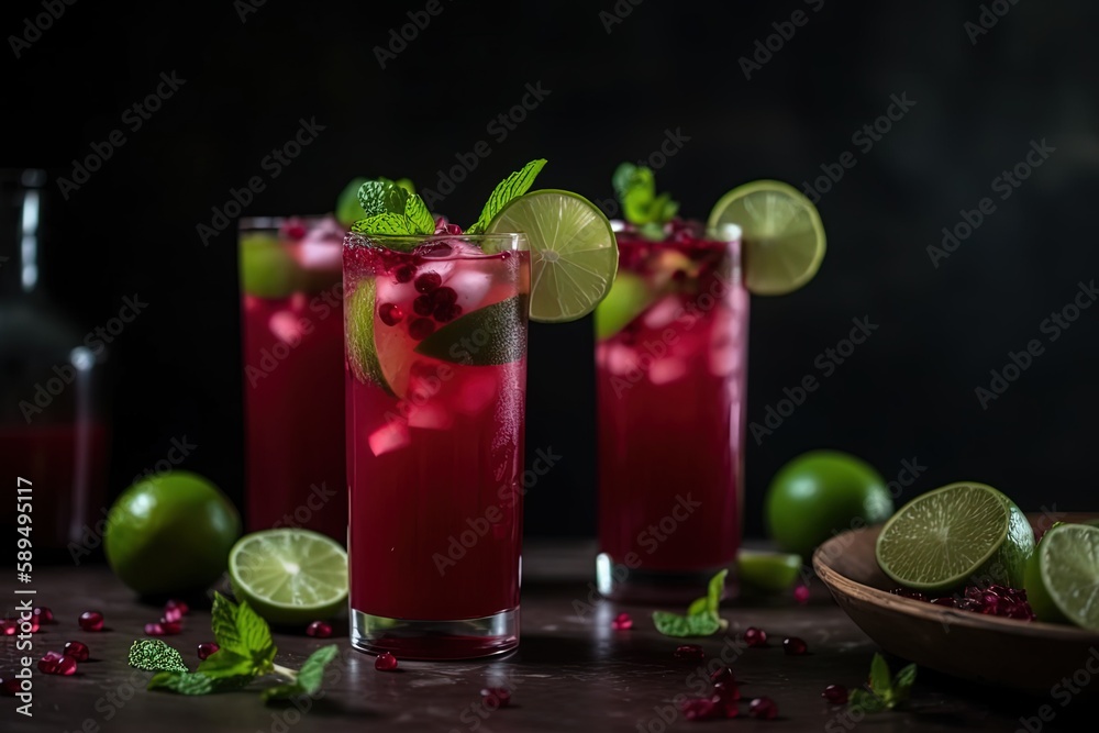 close up spring and summer drink, glass of infused water of lime cranberry juice with mint leaf, Generative Ai