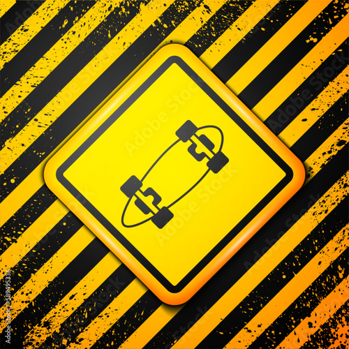 Black Longboard or skateboard cruiser icon isolated on yellow background. Extreme sport. Sport equipment. Warning sign. Vector