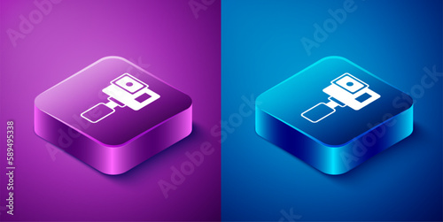 Isometric Action extreme camera icon isolated on blue and purple background. Video camera equipment for filming extreme sports. Square button. Vector