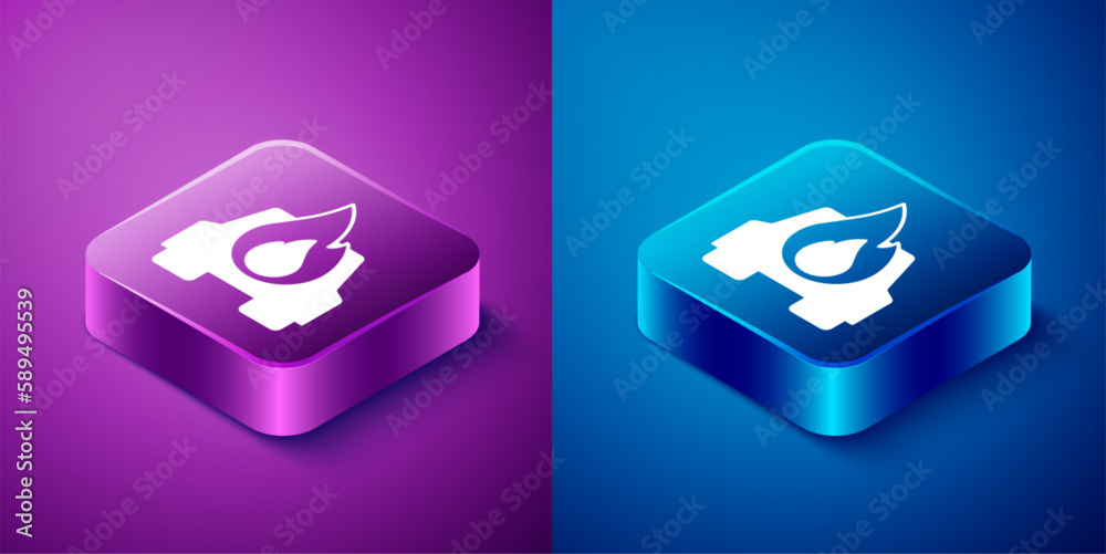Isometric Burning car icon isolated on blue and purple background. Car on fire. Broken auto covered with fire and smoke. Square button. Vector Isometric Burning car icon isolated on blue and purple background. Car on fire. Broken auto covered with fire and smoke. Square button. Vector