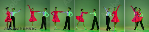 Collage. Cha cha cha, rumba, tango. Full-length portrait of beautiful little boy and girl dancing ballroom dance over green background in neon light. Concept of art, beauty, grace, action, emotions.