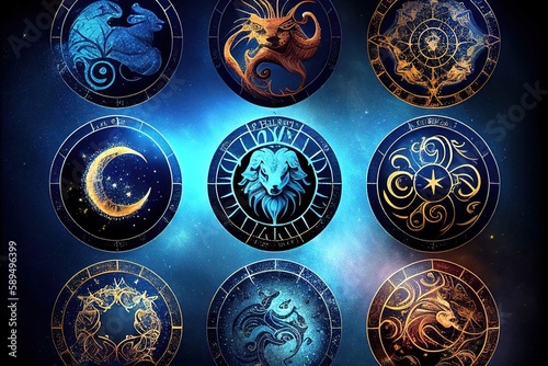 Zodiac signs in the circle. Zodiacal horoscope. Generative AI © Vitor Miranda