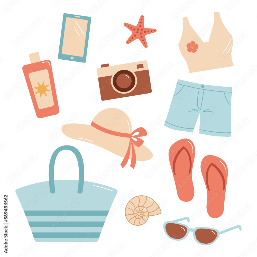 A set of beach accessories. Cartoon vector illustration. Beach set