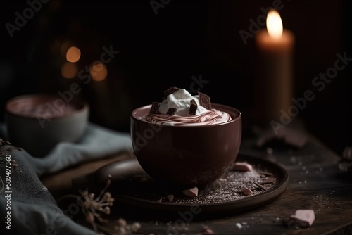 close up hot chocolate mug with marshmallow topping, Generative Ai