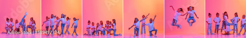 Collage. Hip-hop dance, street style. Group of children in casual style clothes dancing contemp against pink background in yellow neon light. Concept of music, fashion, childhood, hobby, art