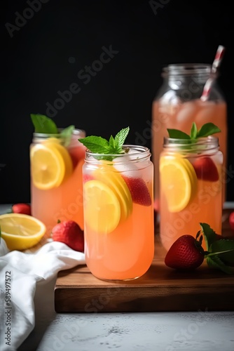 close up spring and summer drink, glass of infused water of lemonade peach strawberry punch juice, Generative Ai