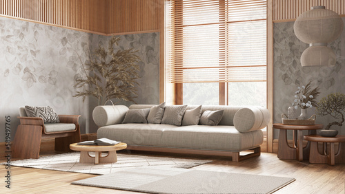 Wooden living room with fabric sofa in white and beige tones. Parquet floor, wallpaper, coffee tables and carpets. Japanese interior design