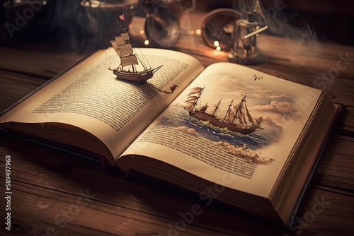 enchanted magic fairytale book with fantasy scene pop up on page, ancient pirate ship sailing in ocean with wave and wind, Generative Ai