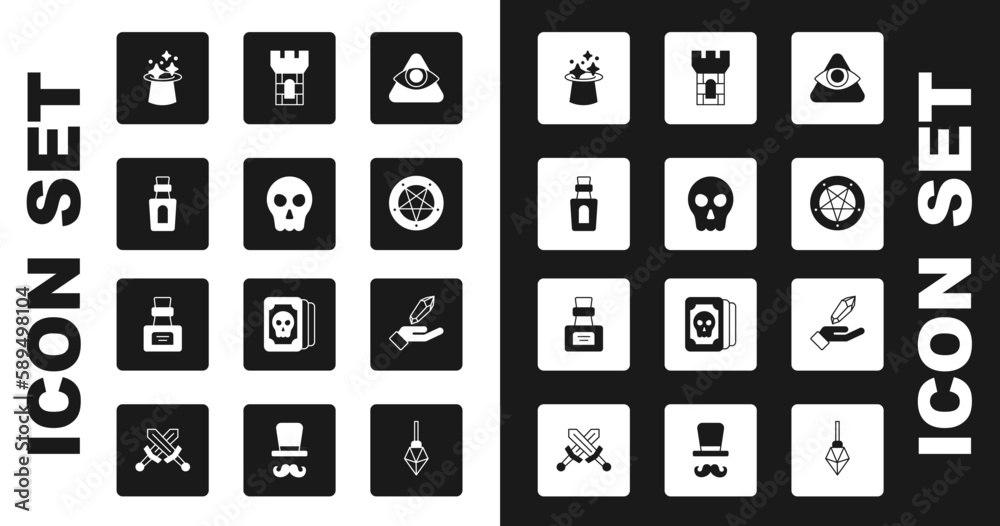 Set All-seeing eye of God, Skull, Bottle with potion, Magic hat, Pentagram circle, Castle tower, stone and icon. Vector Set All-seeing eye of God, Skull, Bottle with potion, Magic hat, Pentagram circle, Castle tower, stone and icon. Vector