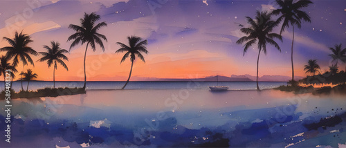 Sunset on the tropical coast of the island with palm trees, watercolor illustration. Generative AI.