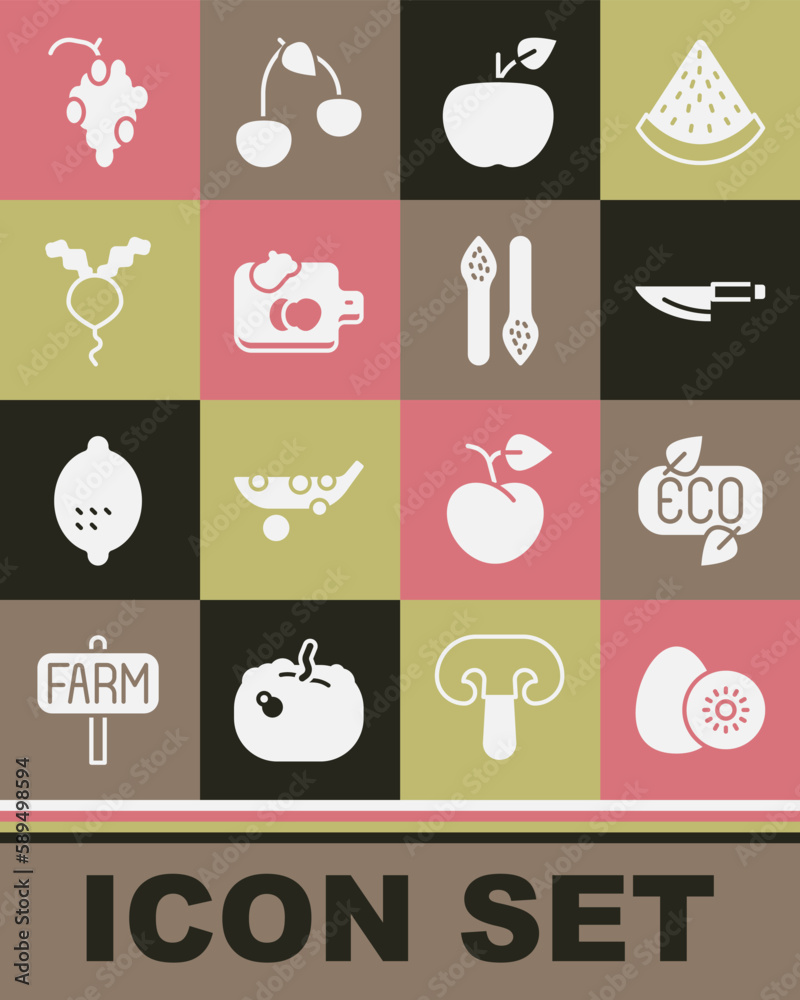 Set Kiwi fruit, Leaf Eco symbol, Knife, Apple, Cutting board with vegetables, Radish, Grape and Asparagus icon. Vector Set Kiwi fruit, Leaf Eco symbol, Knife, Apple, Cutting board with vegetables, Radish, Grape and Asparagus icon. Vector