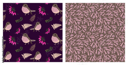 Set of abstract art seamless patterns with birds, exotic flowers and leaves on the dark violet background. Modern  design for paper, cover, fabric, interior decor and other users. photo