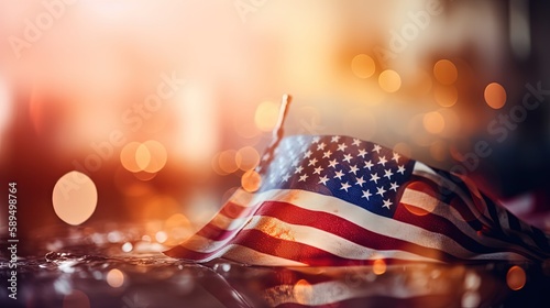 close up U.S.A. national flag flew in wind with bokeh light, idea for national federal holiday celebration theme background wallpaper, Generative Ai