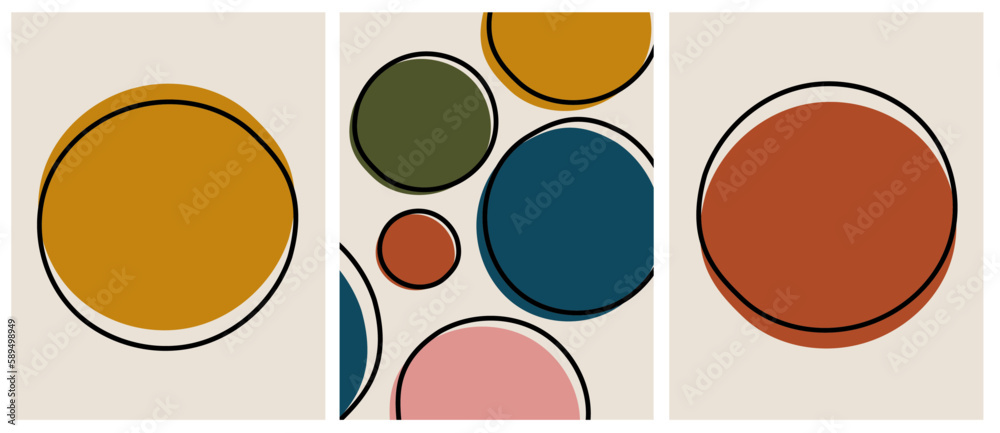 collection of modern simple minimalistic abstractions with colored geometric shapes (circles) on a beige background