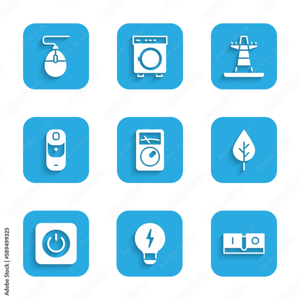 Set Ampere meter, multimeter, Creative lamp light idea, Electric switch, Leaf Eco symbol, Power button, Battery charge, tower line and Computer mouse icon. Vector Set Ampere meter, multimeter, Creative lamp light idea, Electric switch, Leaf Eco symbol, Power button, Battery charge, tower line and Computer mouse icon. Vector