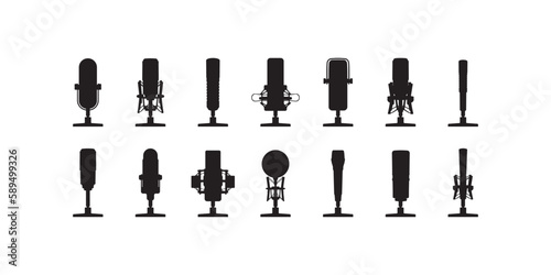 set of bundle collection mic microphone podcast silhouette vector design illustration