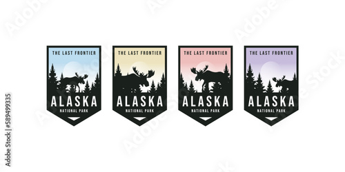 Set of Alaska vector labels with woodland forest and moose vector design illustration