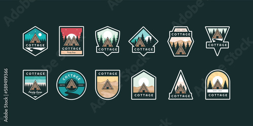 set bundle cabin logo emblem badge vector illustration design. adventure cottage camp badge design.