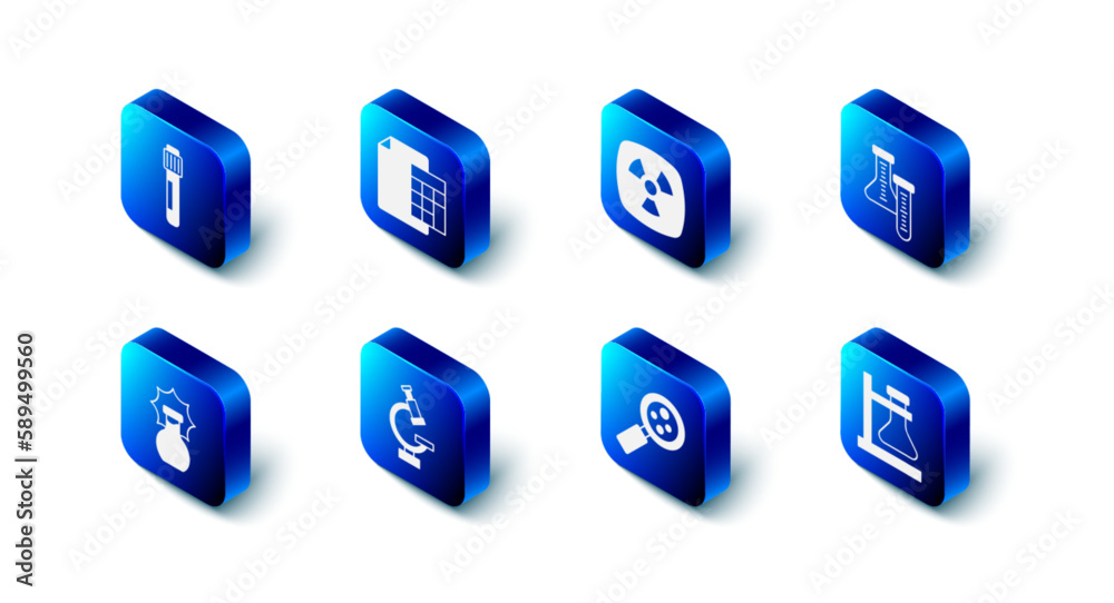 Set Calculator, Radioactive, Test tube, flask on stand, Microorganisms under magnifier, Microscope, Explosion in the and icon. Vector Set Calculator, Radioactive, Test tube, flask on stand, Microorganisms under magnifier, Microscope, Explosion in the and icon. Vector