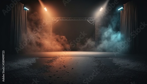 blue orange spotlights shine on stage floor in dark room, idea for background backdrop, music hall or studio, Generative Ai