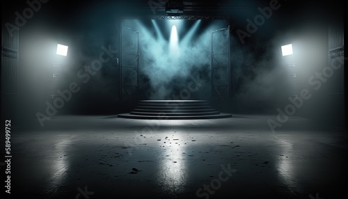 blue spotlights shine on stage floor in dark room, idea for background backdrop, music hall or studio, Generative Ai © QuietWord