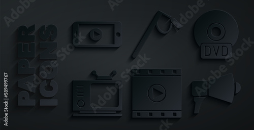 Set Play Video, CD or DVD disk, Retro tv, Megaphone, Microphone and Online play video icon. Vector