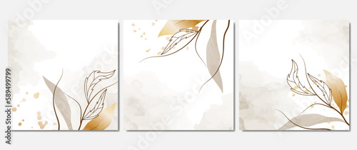 Set of square vector templates with batanic and floral branches, gold, watercolor texture, beige color. For postcard, poster, business card, flyer, brochure, magazine, invitation.