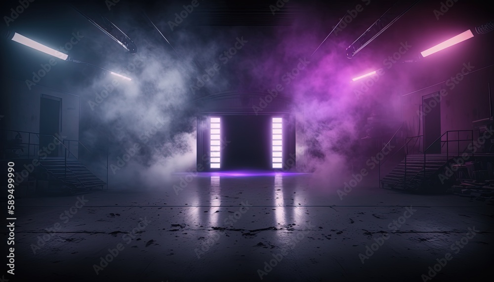 purple, spotlights shine on stage floor in dark room, idea for background backdrop, music hall or studio, Generative Ai
