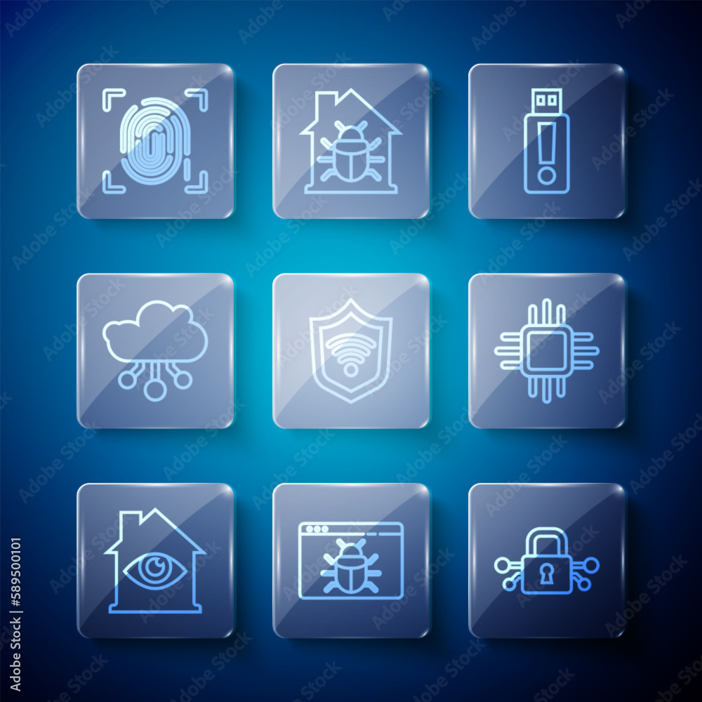 Set line House with eye scan, System bug, Cyber security, USB flash drive, Shield WiFi wireless, Internet of things, Fingerprint and Processor microcircuits CPU icon. Vector Set line House with eye scan, System bug, Cyber security, USB flash drive, Shield WiFi wireless, Internet of things, Fingerprint and Processor microcircuits CPU icon. Vector