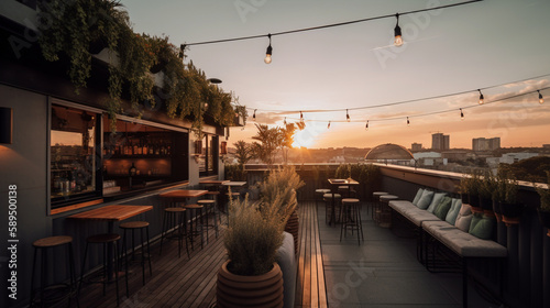 A trendy rooftop bar with a menu of creative cocktai Generative AI photo