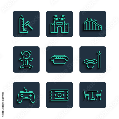 Set line Gamepad, Ticket, Picnic table with chairs, Roller coaster, Hotdog, Teddy bear plush toy, Striker attraction hammer and Magic hat and wand icon. Vector