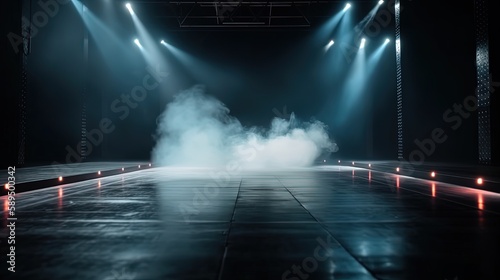 white blue, spotlights shine on stage floor in dark room, idea for background backdrop, music hall or studio, Generative Ai