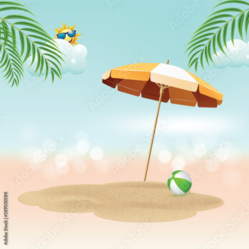 summer sale banner background. parasol on sand with beach ball, palm tree and sun with sky background