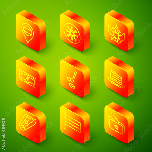 Set line Location Russia, Snowflake, National emblem of, Russian ruble banknote, Ice hockey stick and puck, Medovik, Kankles and flag icon. Vector