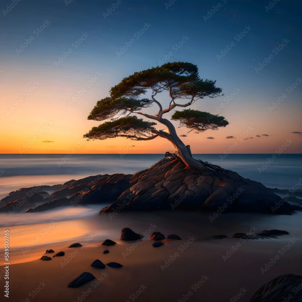 A tree stands on a rocky outcrop at the beach during the evening - Created with Generative AI Technology