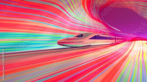 Fast Modern High-Speed Train Passing Through Surreal Rainbow Landscape photo