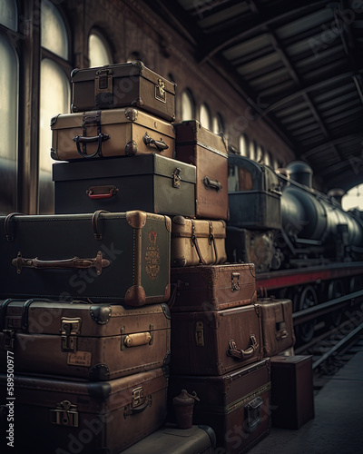 Vintage suitcases and luggage piled up on the platform of an old train station. Ai Generative