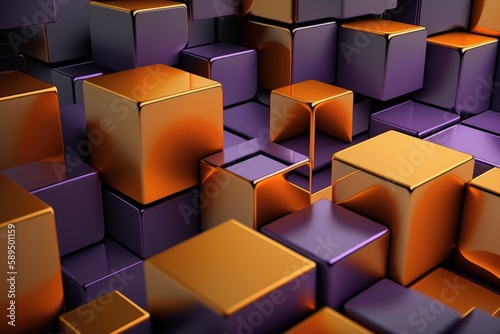 Abstract 3d illustration of golden and violet cubes background