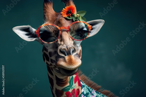 Fashionable giraffe in sunglasses and colorful suit with flowers on green background, created with Generative AI