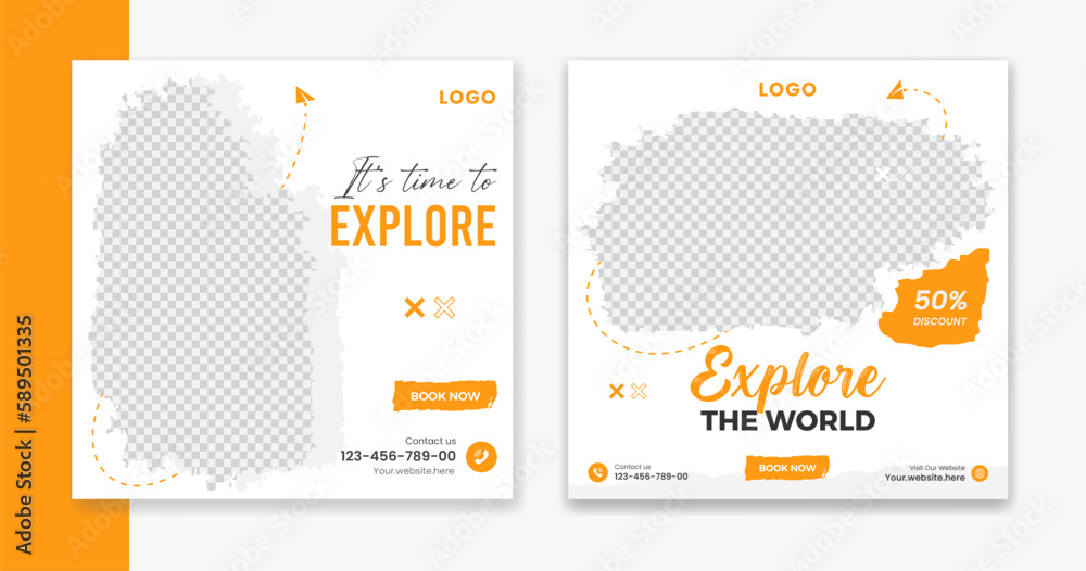 Creative Travel social media post design, holiday vacation square post template, hotel online post vector, happy journey carousel