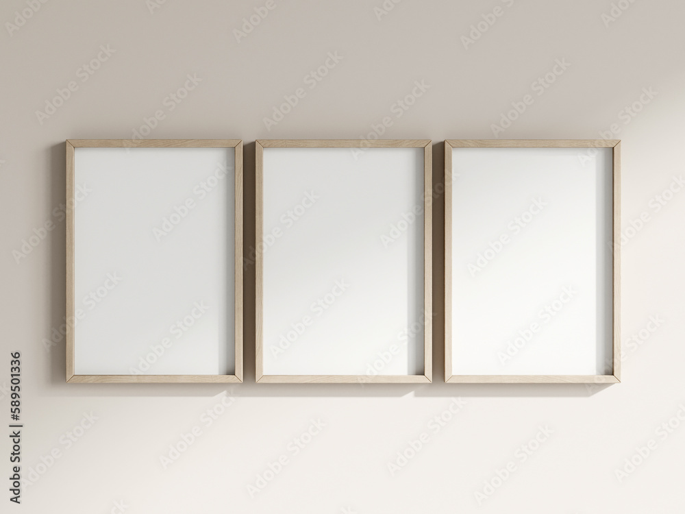 Frame mockup in boho minimalist interior, three vertical frames, 3d render Frame mockup in boho minimalist interior, three vertical frames, 3d render