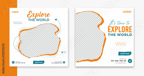 Creative Travel social media post design, holiday vacation square post template, hotel online post vector, happy journey carousel